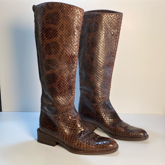 Bally Genuine Anaconda Tall Boots Brown Made Italy Resoled Heel Snakeskin US 8